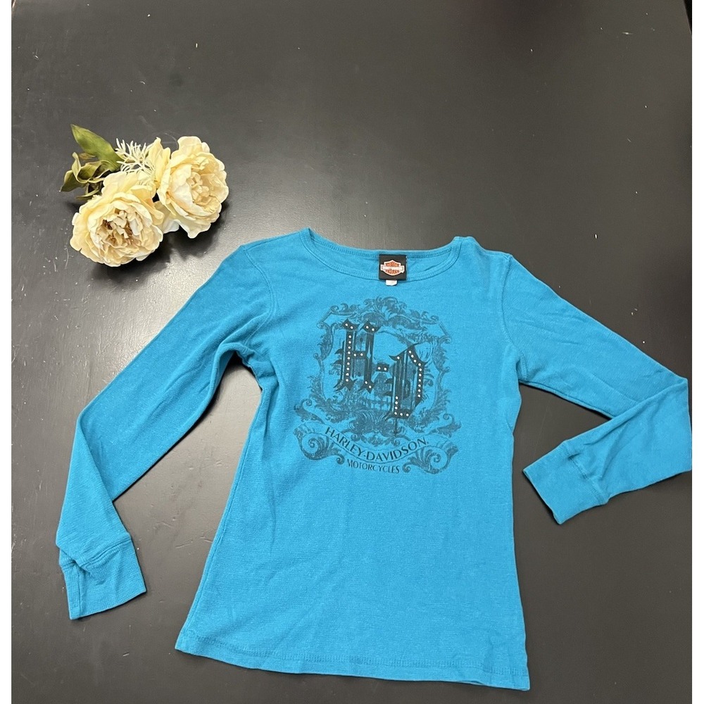Harley-Davidson Y2K Turquoise Waffle Knit Long Sleeve Embellished Tee  M Dallas